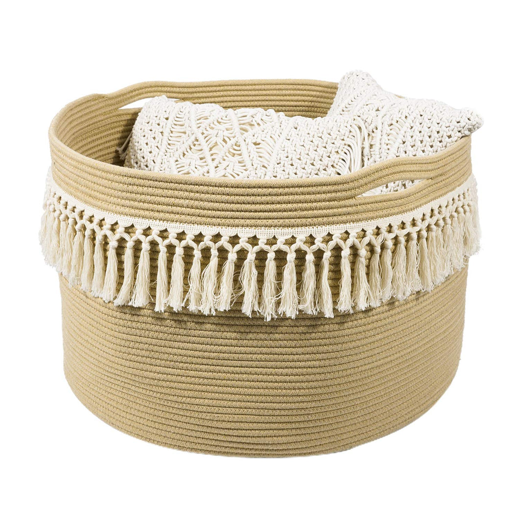 Large Woven Basket Tassel Cotton Rope Storage Basket, 22” x 22” x 14”